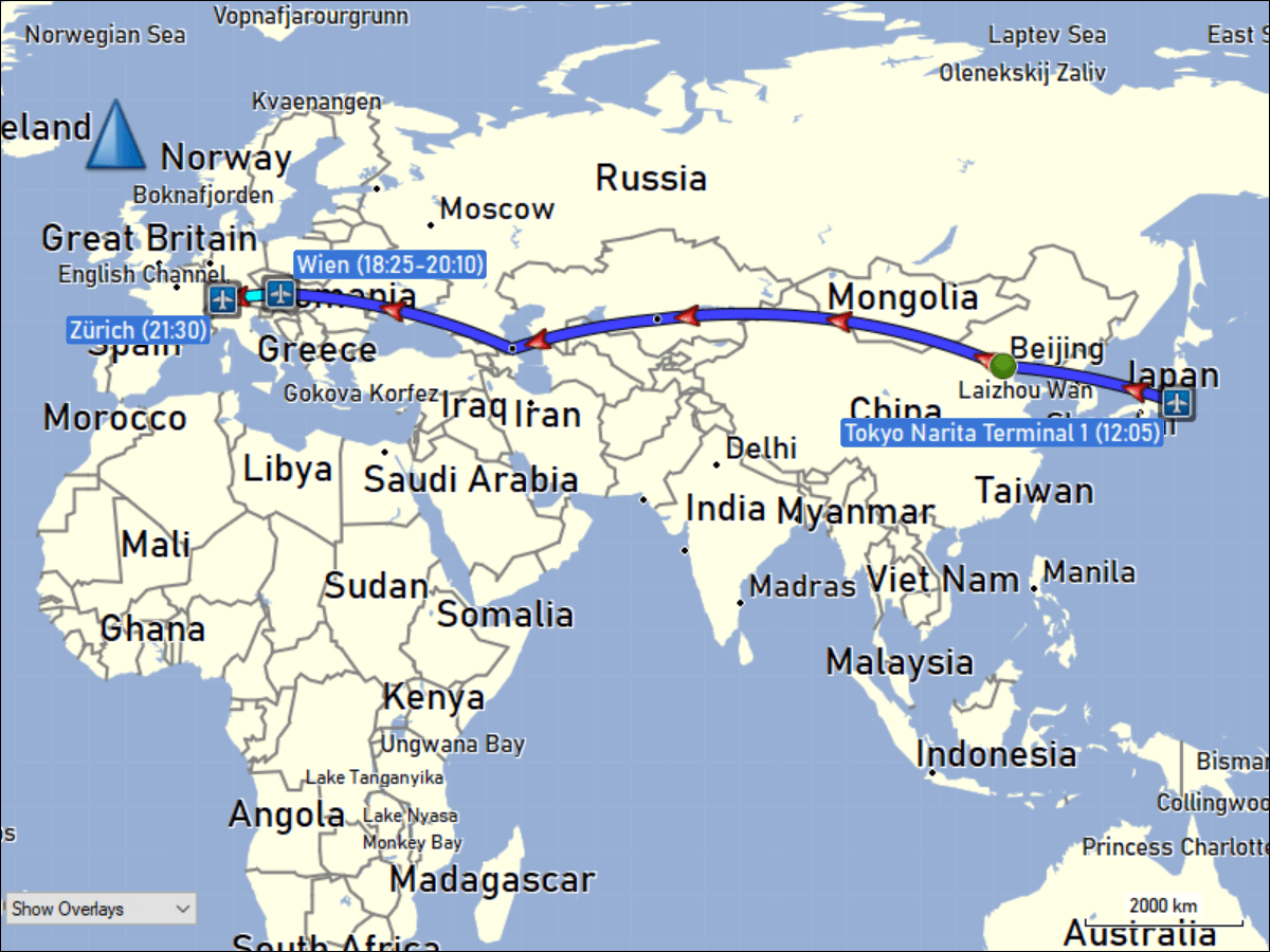 wegstrecke des flugs OS052 vom tokyo narita airport (NRT) zum internationalen flughafen in wien (VIE) sowie des weiterflugs OS8807 nach zuerich kloten (ZRH)