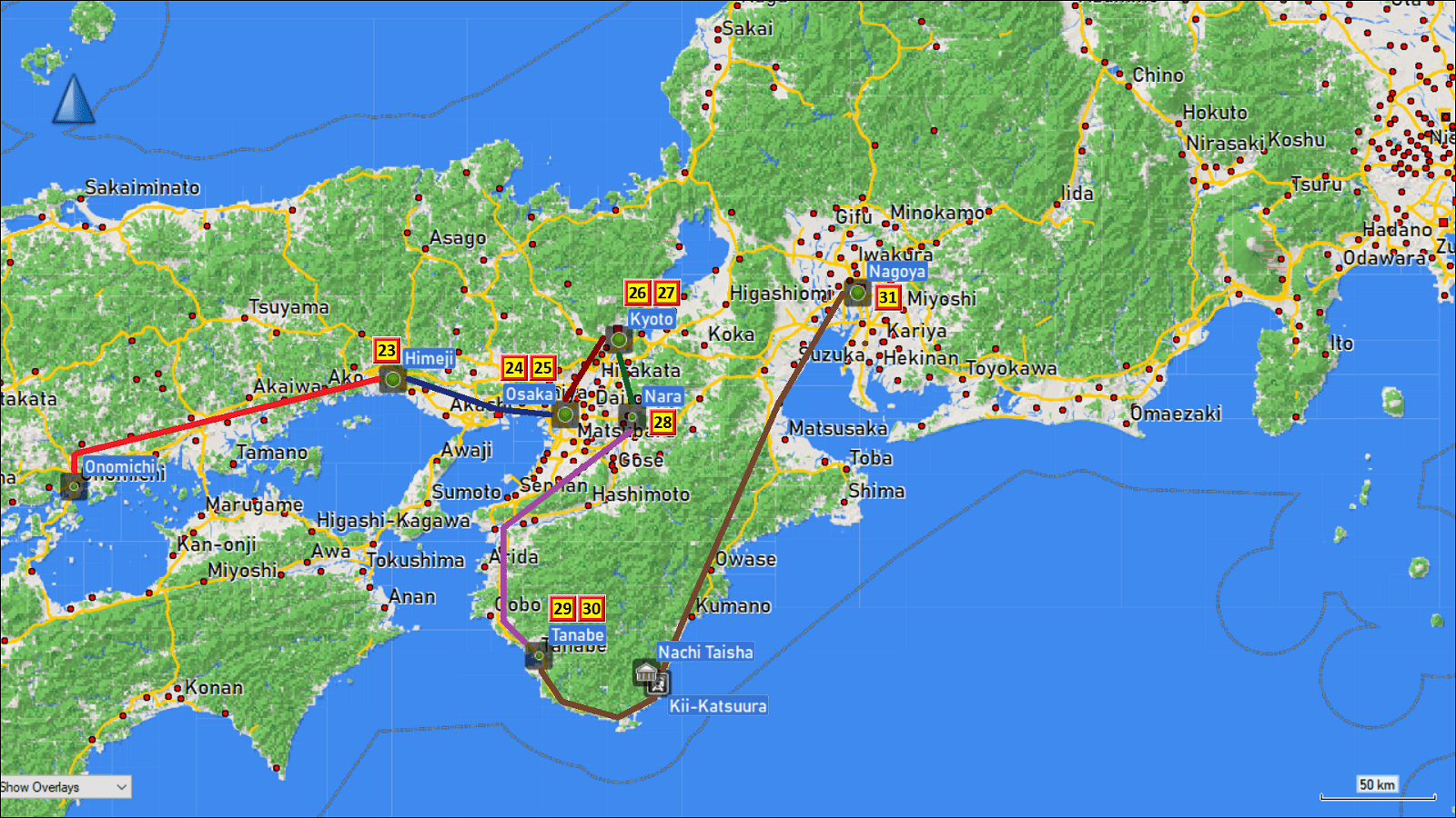 wegstrecke von onomichi via himeji, osaka, kyoto, nara und tanabe auf der halbinsel kii nach nagoya mit tageszielen