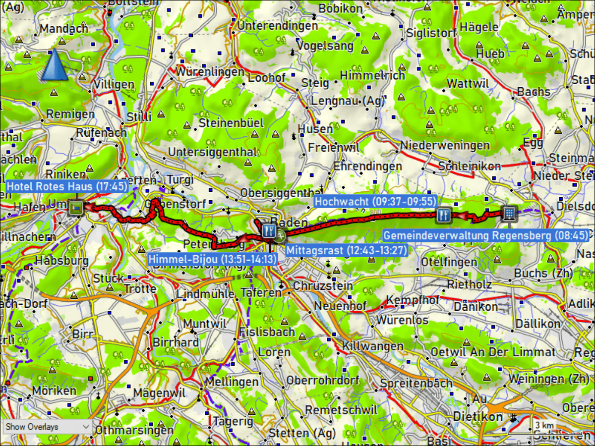 wegstrecke der wanderung von der gemeindeverwaltung regensberg, ZH zum hotel rotes aus in brugg, AG