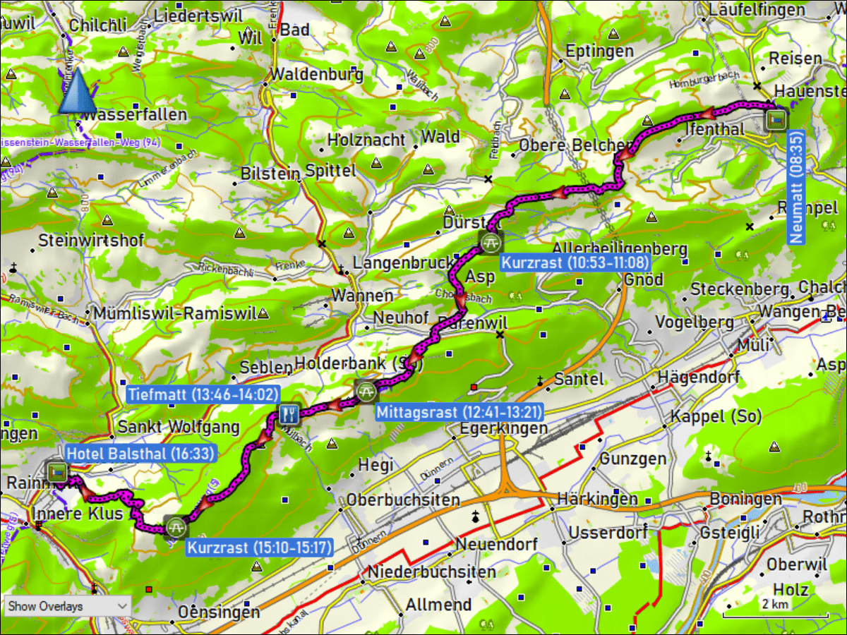 wegstrecke der wanderung vom bauernhof neumatt in hauenstein-ifenthal, SO zum hotel balsthal, SO