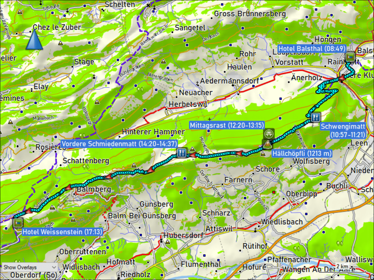 wegstrecke der wanderung vom hotel balsthal, SO zum hotel weissenstein, SO