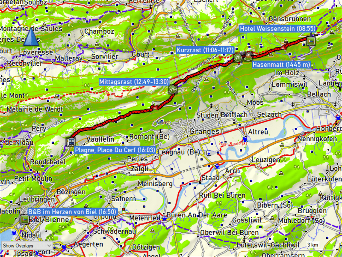 wegstrecke der wanderung vom hotel weissenstein, SO zur bushaltestelle place du cerf in plagne, BE; uebernachtung im 'B&B im herzen von biel'