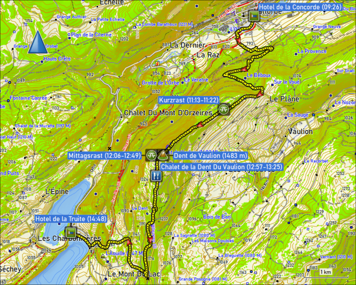 wegstrecke der wanderung vom hotel de la concorde in vallorbe, VD zum hotel de la truite in le pont, VD