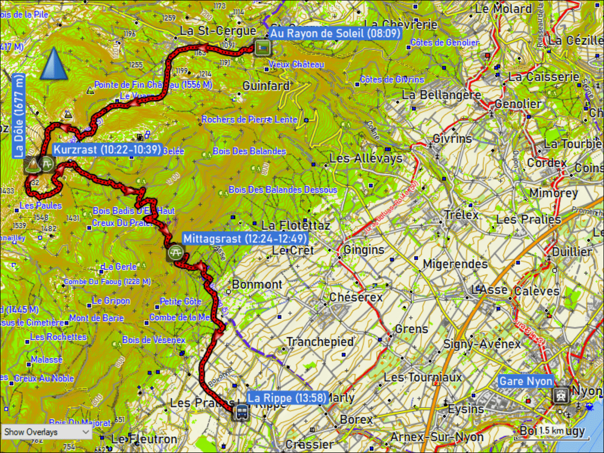 wegstrecke der wanderung vom studio "au rayon de soleil" in saint-cergue, VD zur bushaltestelle la rippe village, VD